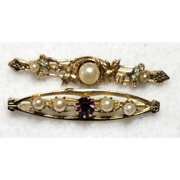 Vintage Victorian Style Bar Brooch Pin 2 Pc Lot Faux Pearls Purple Rhinestone - Picture 1 of 5